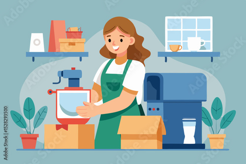 A woman in an apron unpacks a box with a new mixer - delivery of equipment with emotion.
