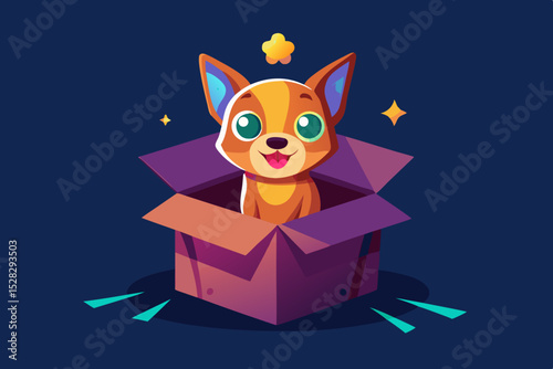 A small dog sitting in a box is an unexpected surprise package with a cute face.