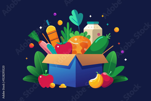 An open box with fresh vegetables and products neatly peeking out is the theme of food delivery.