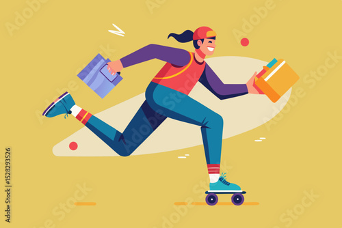 A courier on roller skates, in flight, a box in his hands - dynamics and youthful spirit.
