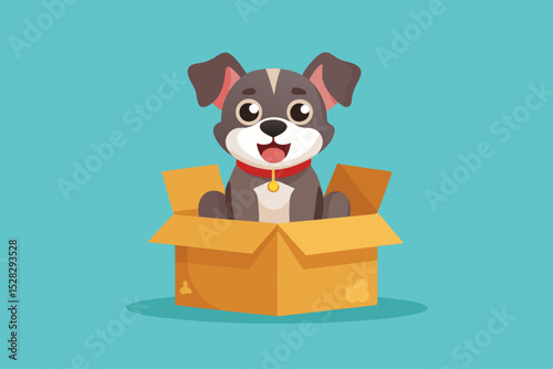 A small dog sitting in a box is an unexpected surprise package with a cute face.