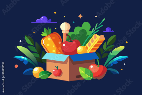 An open box with fresh vegetables and products neatly peeking out is the theme of food delivery.