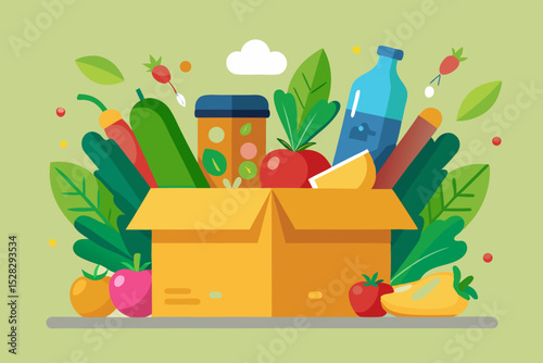An open box with fresh vegetables and products neatly peeking out is the theme of food delivery.