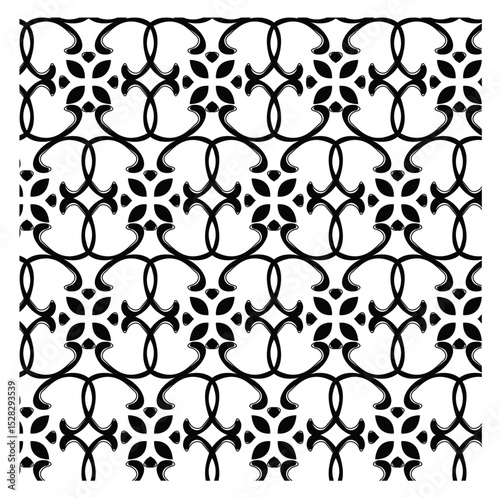 seamless pattern with black flowers, flowing lines that create a series of loops and curves, stylized floral or quatrefoil motifs, delicate and intricate overall design, three-dimensional, 