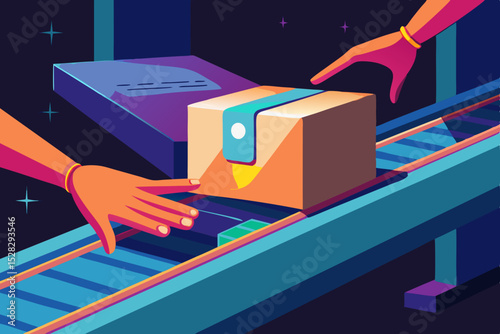 A woman's hand reaches for a box on a conveyor belt, with only part of her body in the frame—a metaphor for flow and precision.