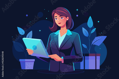 Girl in a business suit with a box and a tablet - stylish delivery for business