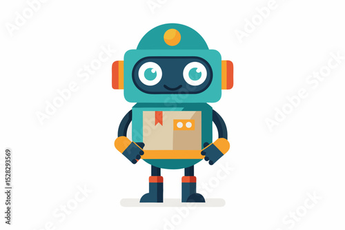 A small robot courier with a cute face and a box in his hands - the future is already near, and the white background emphasizes futurism
