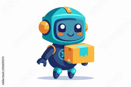 A small robot courier with a cute face and a box in his hands - the future is already near, and the white background emphasizes futurism