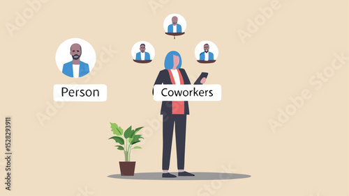Illustration of a woman with coworkers in a virtual meeting and a potted plant nearby on a tan background