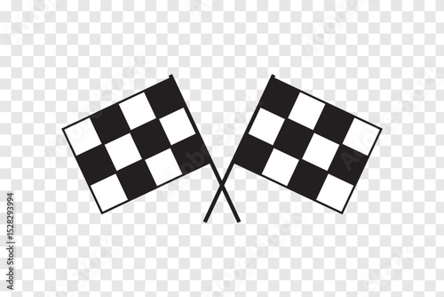 Checkered flag on a pole waving in the wind for race completion. Checkered racing flag. Competition sport flag. Starting flag auto and moto racing. Set start and finish crossed sport racing flags. 