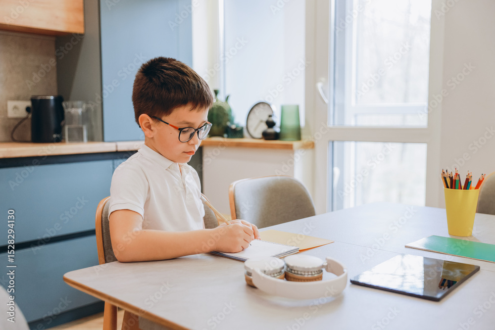 Boy doing homework writing on notebook at home Boy doing homework writing on notebook at home