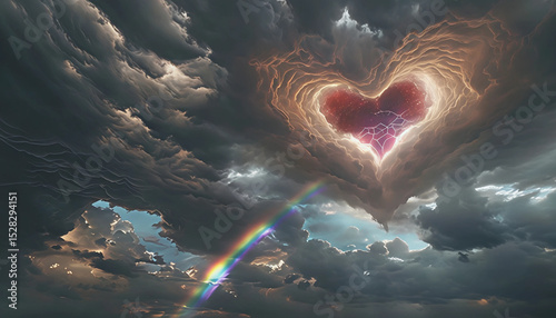 in un cielo scuro soffice nuvola a forma di cuore viene attraversata da un'arcobaleno, In a dark sky, a soft heart-shaped cloud is crossed by a rainbow