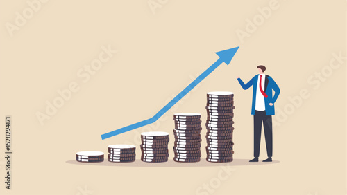 Man in suit next to stacks of coins with an upward trending arrow showing growth and financial success