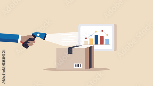 Scanning a package with a barcode scanner in front of a data chart on a screen display device