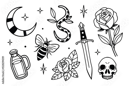 Collection of Black and White Line Art Illustrations for Creative Projects and Design Elements Suitable for Various Applications