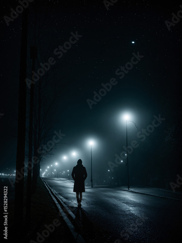 Silhouette of a Person Under a Streetlamp at Night