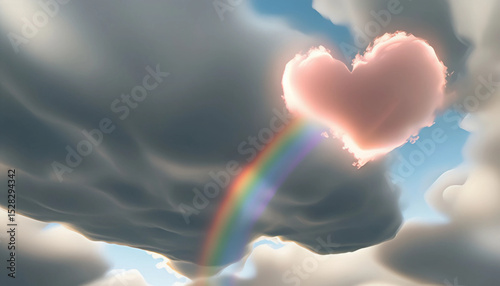 in un cielo scuro soffice nuvola a forma di cuore viene attraversata da un'arcobaleno, In a dark sky, a soft heart-shaped cloud is crossed by a rainbow