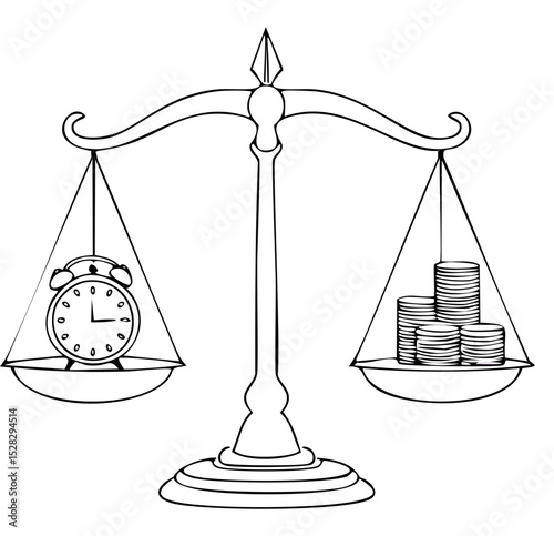 ne-line vector icon of a scale balancing a clock and a dollar symbol. Represents financial planning, time value, and work-life balance. Great for business strategy visuals and consulting services.