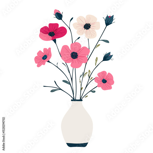 2D flat A Cosmos Flower In A Vase vector illustration, isolated on a white background.