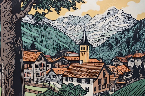 Bavarian woodcut prints of alpine village scenes
