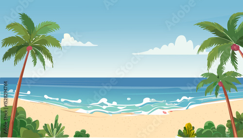 Tropical beach scene with palm trees and ocean view