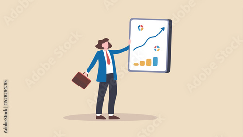 Businesswoman presenting a graph with upward trend and pie charts on a white board in a presentation