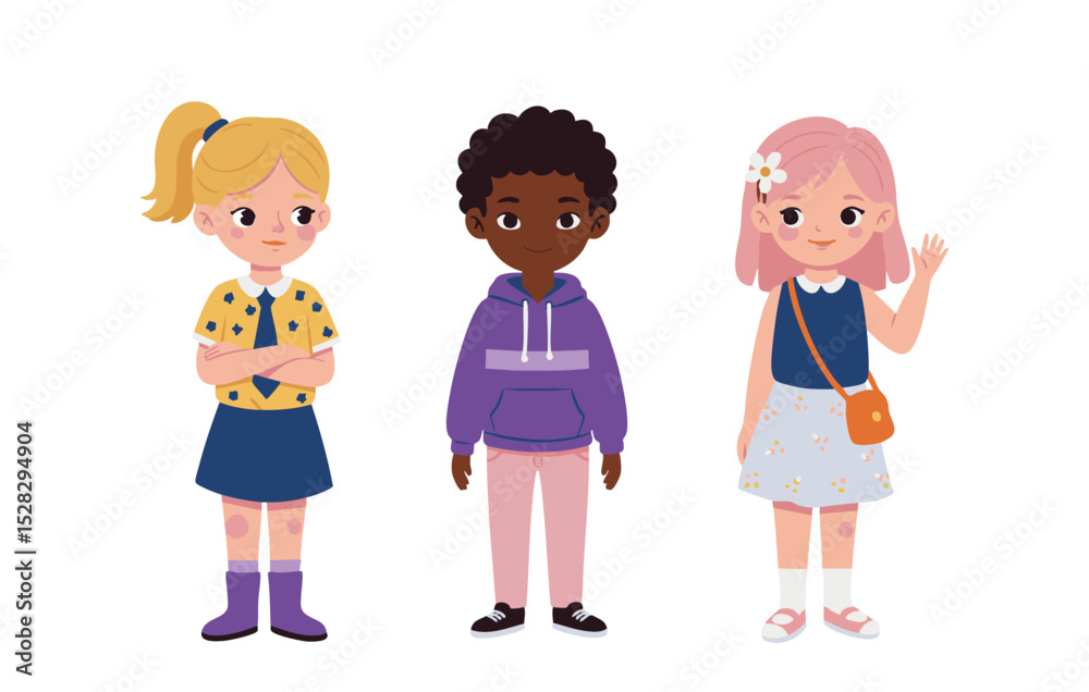 Flat illustration of Diverse Children A cheerful depiction of three kids, showcasing diversity in appearance and style, perfect for educational materials, children's books, websites, and social media. Flat illustration of Diverse Children A cheerful depiction of three kids, showcasing diversity in appearance and style, perfect for educational materials, children's books, websites, and social media.