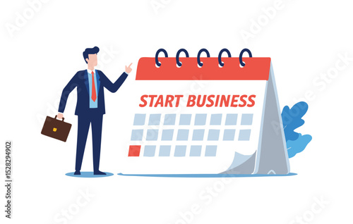 Flat illustration of a businessman planning a business start-up, depicted with a calendar highlighting the start date, symbolizing the beginning of an entrepreneurial journey.