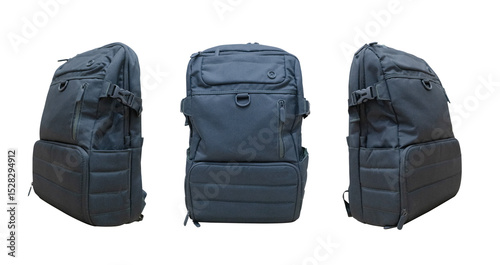 Gray backpack set isolated on white background. Travel bag different side view. Schoolbag, rucksack object. Tourist's, school item.