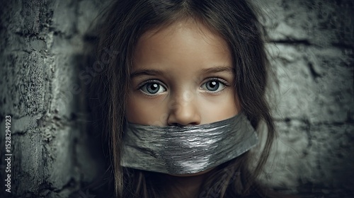 Young girl silenced with duct tape against brick wall