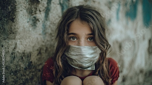 Young girl silenced with duct tape against brick wall