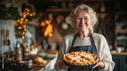 Elderly woman holding homemade holiday pie in festive kitchen