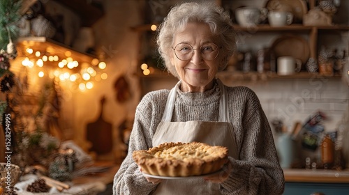 Elderly woman holding homemade holiday pie in festive kitchen