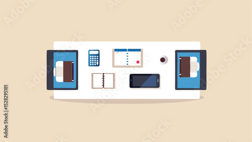 Overhead view of a desk with two tablets, a calculator, calendar, notebook, phone and coffee cup