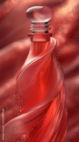 Close-up of red bottle, gracefully rotating, high resolution showing detailed design of bottle and label, photographed in Parisian fashion ad style, with ultra-clean background, editorial style, no le
