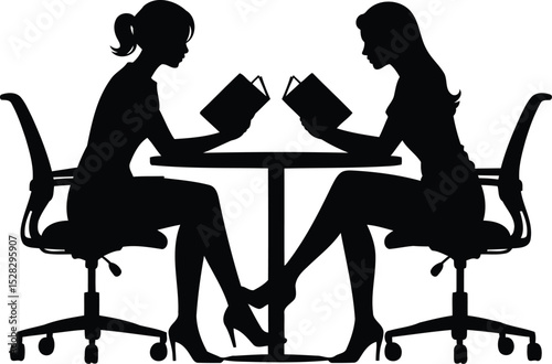 Two Women Reading Books, Silhouette Sitting at Table, Vector Design.
