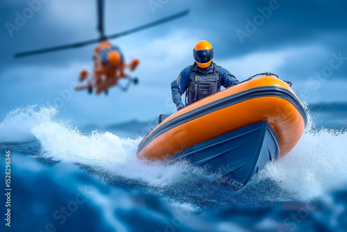 Coast guard officer on rescue boat pulls stranded person from turbulent waters. Overcast sky creates dramatic setting for lifesaving moment