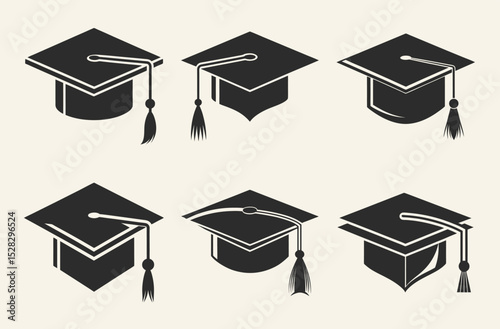 Graduation cap  set, academic diploma icon, student hat silhouette, education symbol vector, degree certificate graphic