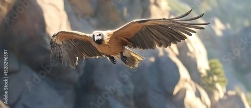 Bearded Vulture flying in rocky alpine cliffs