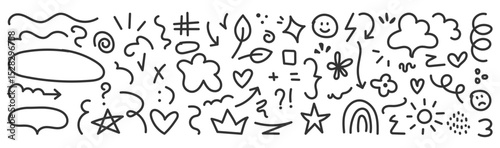 Editable Stroke Sketch Underline, Emphasis Shapes set. Vector illustration of Hand drawn Brushstrokes, Highlights, Speech Bubbles, Sparkle elements.