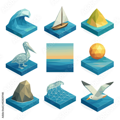 Abstract Seascape Icons. Isometric Flat icon set of abstract seascape panoramas: faceted wave, low-poly sailboat, prism island,