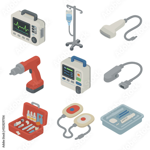 Advanced Life Support Icons. Isometric Flat icon set of advanced life support gear: ECG monitor, IV drip stand, cardiac ultrasound