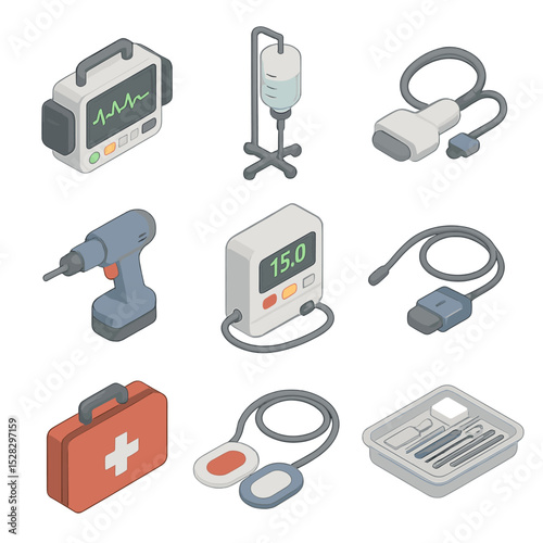 Advanced Life Support Icons. Isometric Flat icon set of advanced life support gear: ECG monitor, IV drip stand, cardiac ultrasound