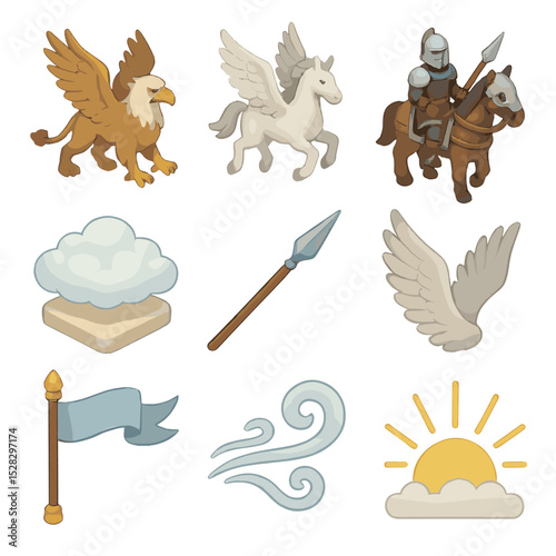 Aerial Beast Icon Set. Isometric Flat icon set of Aerial beast battle: griffin, pegasus, armored rider, cloud platform, spear,