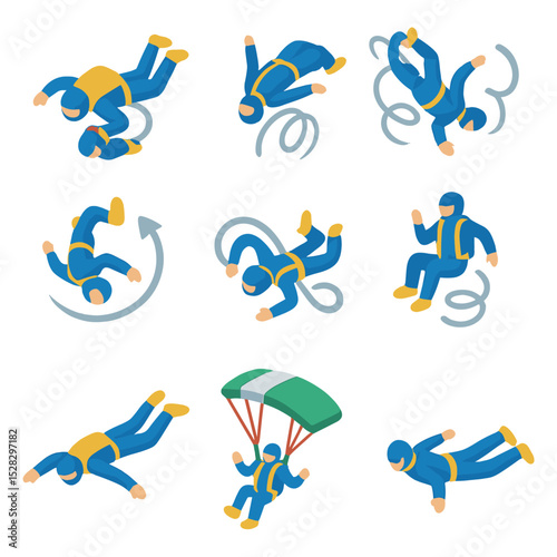 Aerial Acrobatics Icons. Isometric Flat icon set of Aerial Acrobatics Moves: barrel roll, back flip, corkscrew, spiral dive,