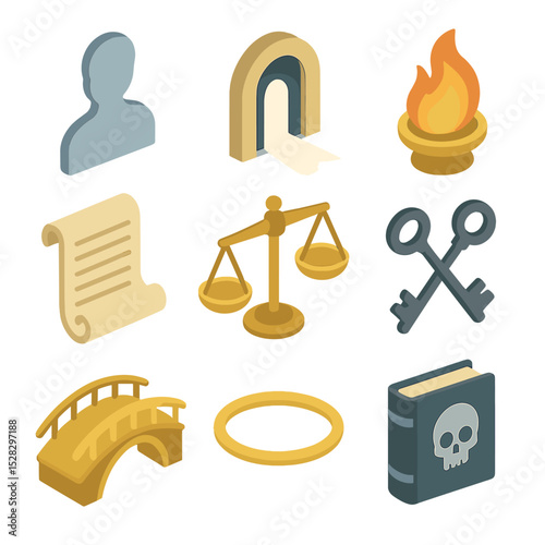 Afterlife Symbol Icons. Isometric Flat icon set of Afterlife symbols: soul silhouette, white light portal, eternal flame, scroll