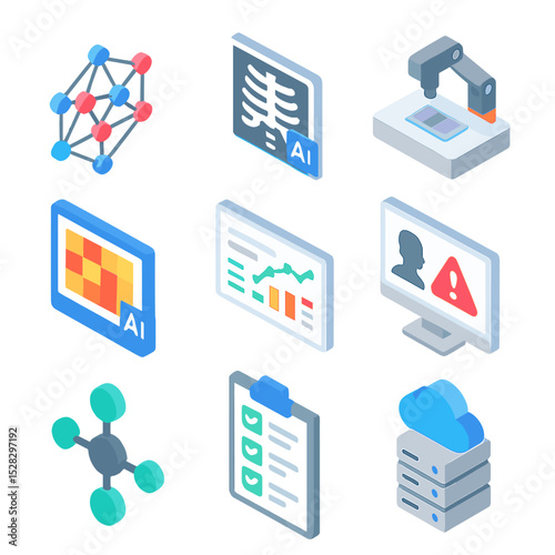 AI Diagnostic Tool Icons. Isometric Flat icon set of AI diagnostic tools: neural network graph, X-ray analyzer, pathology slide