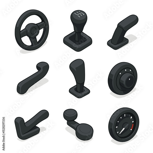 Automotive Control Icons. Isometric Flat icon set of automotive grips and knobs: steering wheel rim, gear shift knob, handbrake