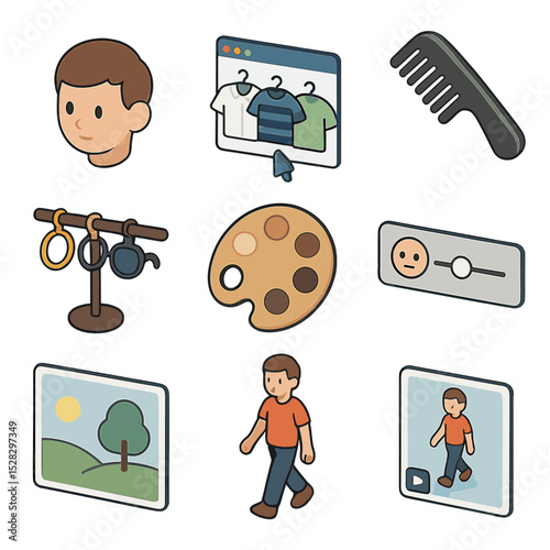 Avatar Customization Icons. Isometric Flat icon set of avatar customization options: character head, outfit selector, hairstyle