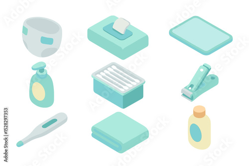 Baby Care Essentials. Isometric Flat icon set of baby care essentials: diaper, baby wipes, changing mat, baby lotion, cotton swabs